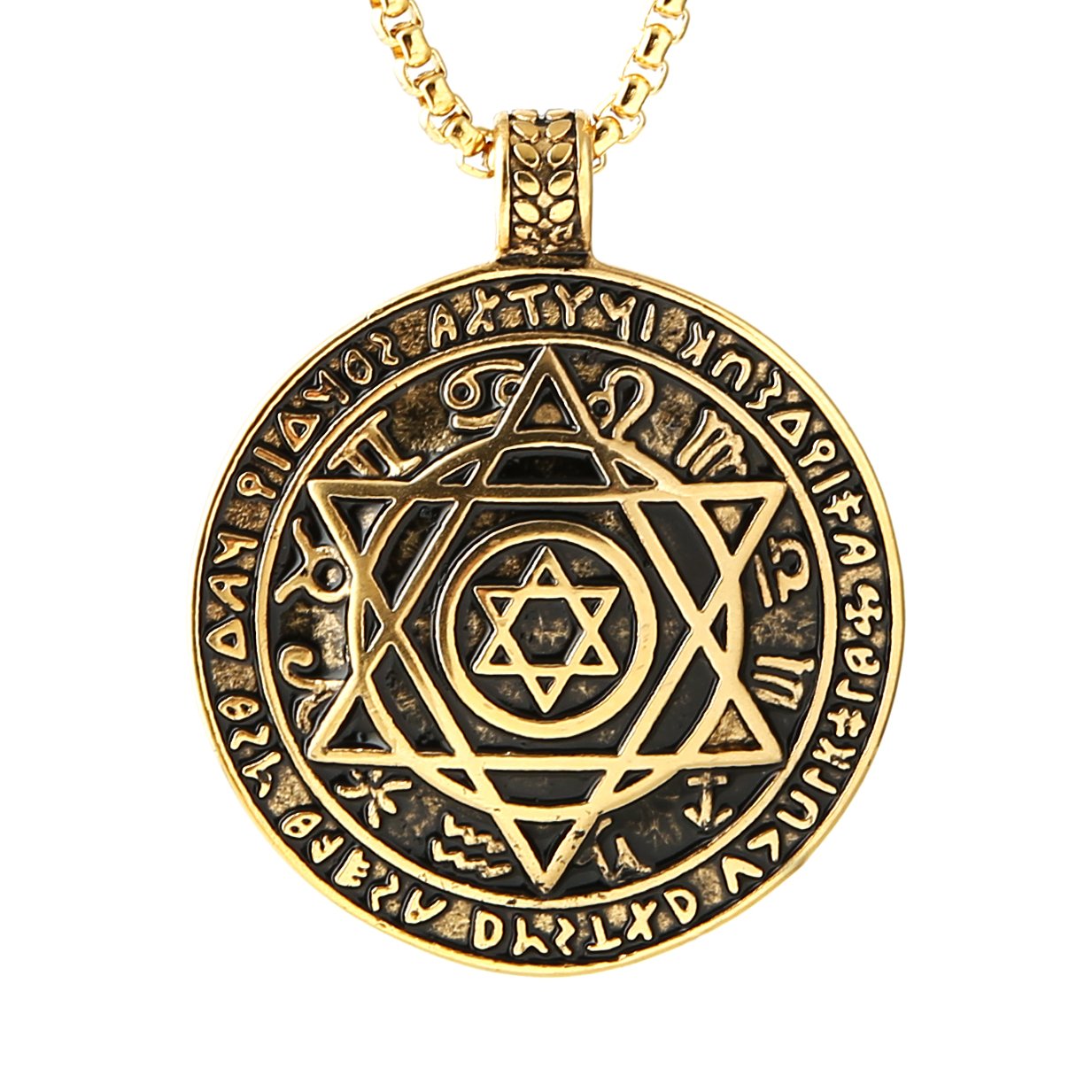 HZMAN Talisman Seal Solomon Six-pointed Star 12 Constellation Pendant stainless steel Necklaces 24" Chain (Gold)