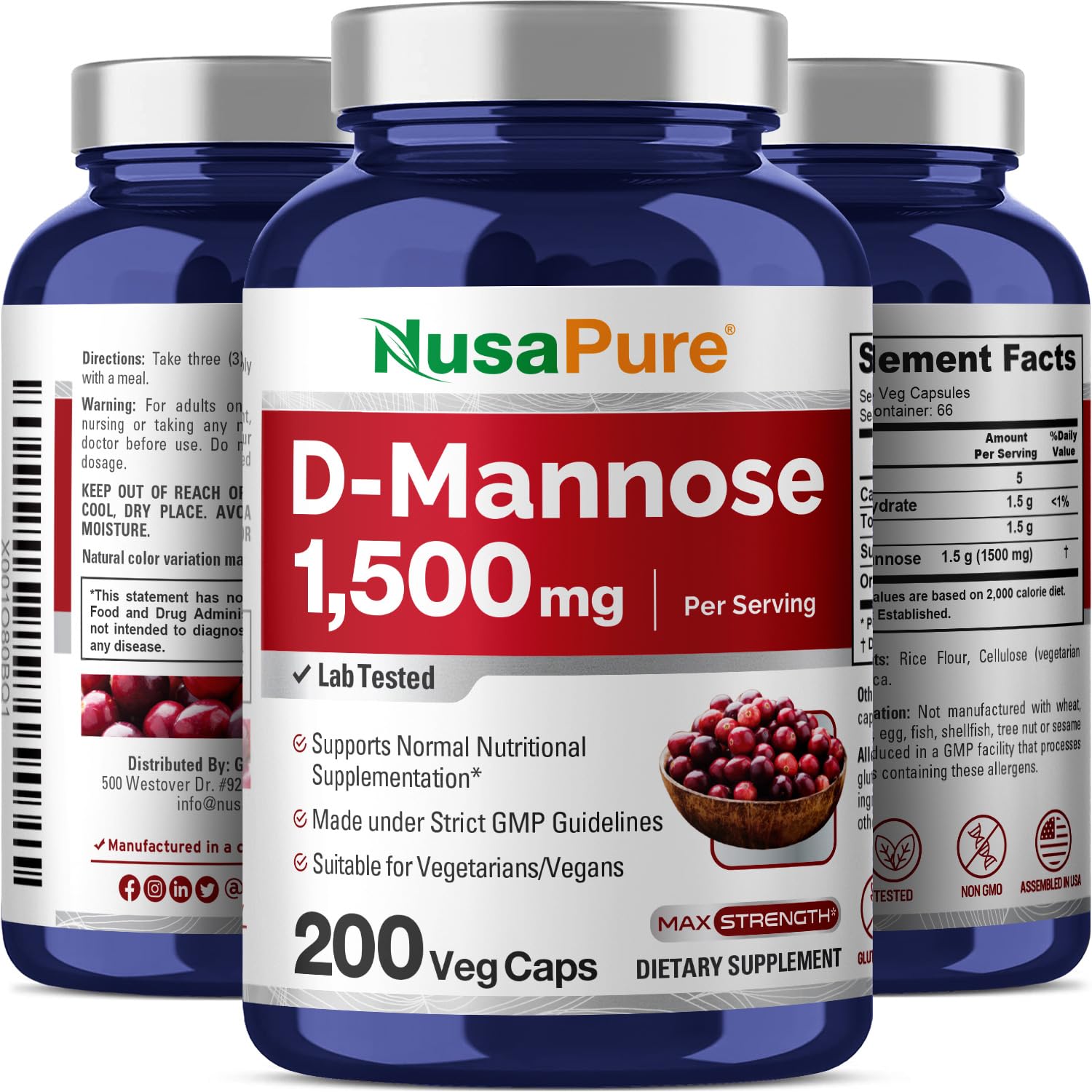 NusaPure D-Mannose 1500 mg per Serving - 200 Vegetarian Capsules (Organic, Non-GMO, Gluten-Free)