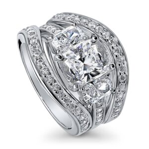 berricle sterling silver 3-stone wedding engagement rings cushion cut cubic zirconia cz ring set for women, rhodium plated size 7