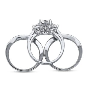 BERRICLE Sterling Silver 3-Stone Wedding Engagement Rings Cushion Cut Cubic Zirconia CZ Ring Set for Women, Rhodium Plated Size 7