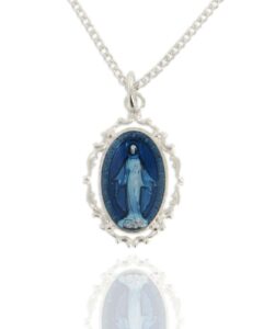 heartland store women's sterling silver oval blue enamel baroque miraculous medal + 18 inch rhodium plated chain & clasp