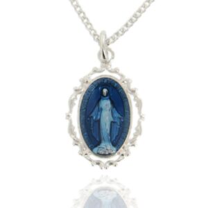 Heartland Store Women's Sterling Silver Oval Blue Enamel Baroque Miraculous Medal + 18 Inch Rhodium Plated Chain & Clasp