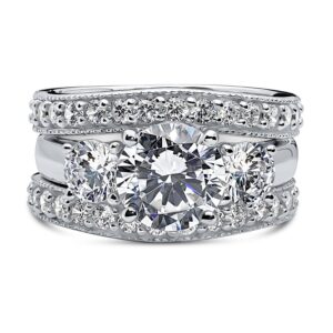 BERRICLE Sterling Silver 3-Stone Wedding Engagement Rings Round Cubic Zirconia CZ Ring Set for Women, Rhodium Plated Size 9.5