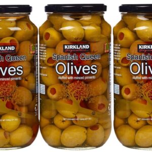 Kirkland Signature Spanish Queen Olives Stuffed With Minced Pimiento, 21oz Glass Jar (Pack of 3, Total of 63 Oz)