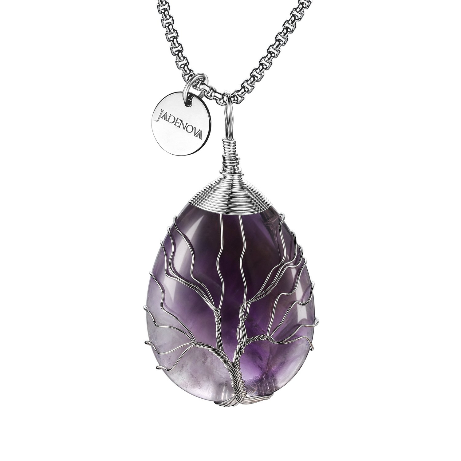 JADENOVA Natural Amethyst Necklace Healing Purple Crystal Necklaces for Women Tree of Family Pendant Family Tree Wire Wrapped Jewelry Energy Healing Teardrop pendant (24 Inches Stainless Steel Chain)