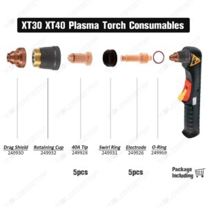 WeldingStop 10 Pieces Plasma Cutting XT40 Torch Consumables Electrode 249926 Nozzle 40A 249928 Tip for Miller