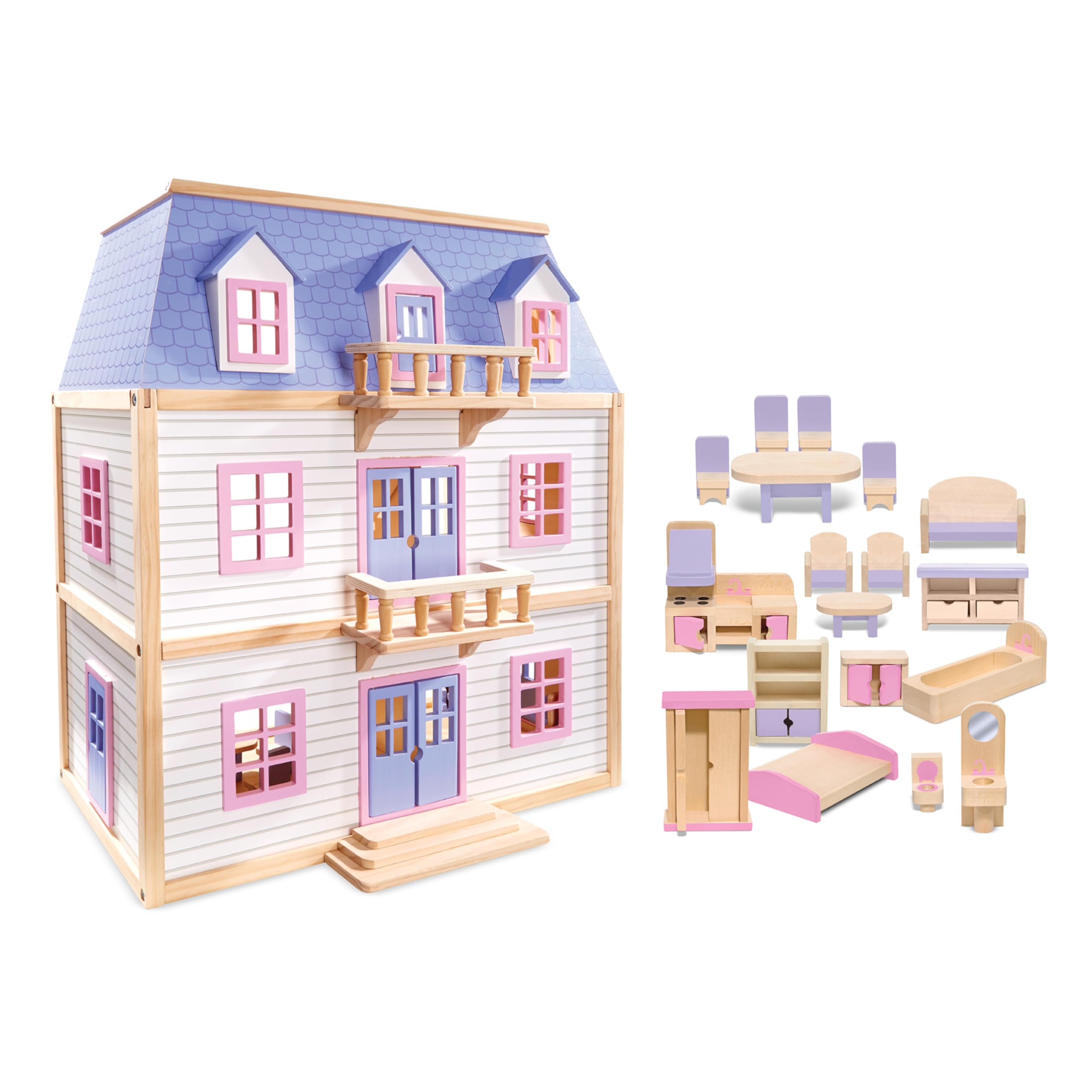 Melissa & Doug Modern Wooden Multi-Level Dollhouse With 19 pcs Furniture [White]