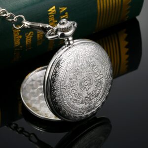 Hicarer Quartz Pocket Watch for Men with Black Dial and Chain Vintage Roman Numerals Christmas Gifts Birthday (Silver)