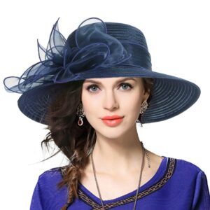 kentucky derby dress church cloche hat sweet cute floral bucket hat (leaf-navy), medium