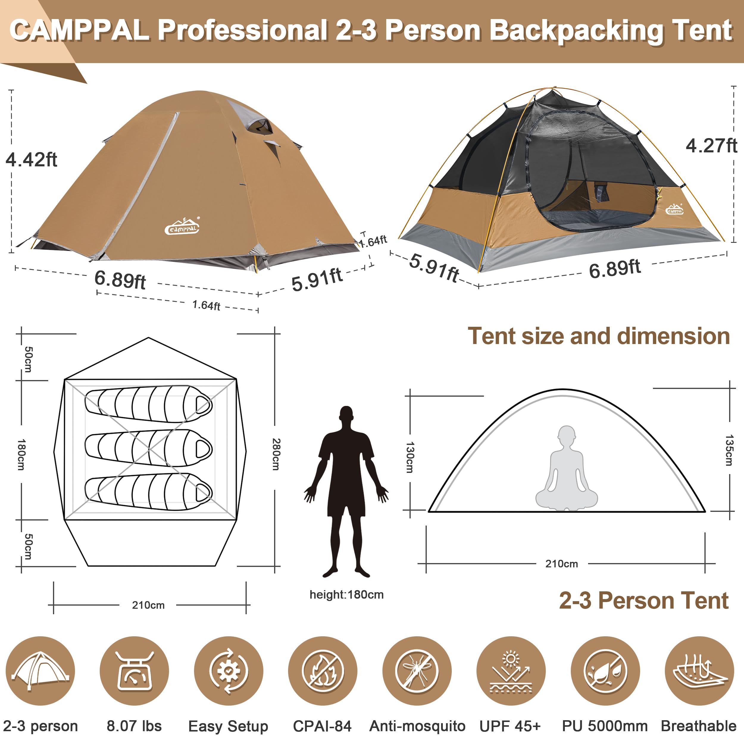 Camppal 2-3 Person Tent Backpacking Tent, Waterproof Windproof 4 Season Tent for Camping, Easy Setup Two Person Tent for Backpacking, Hiking, Hunting, Motor Cycling & Biking