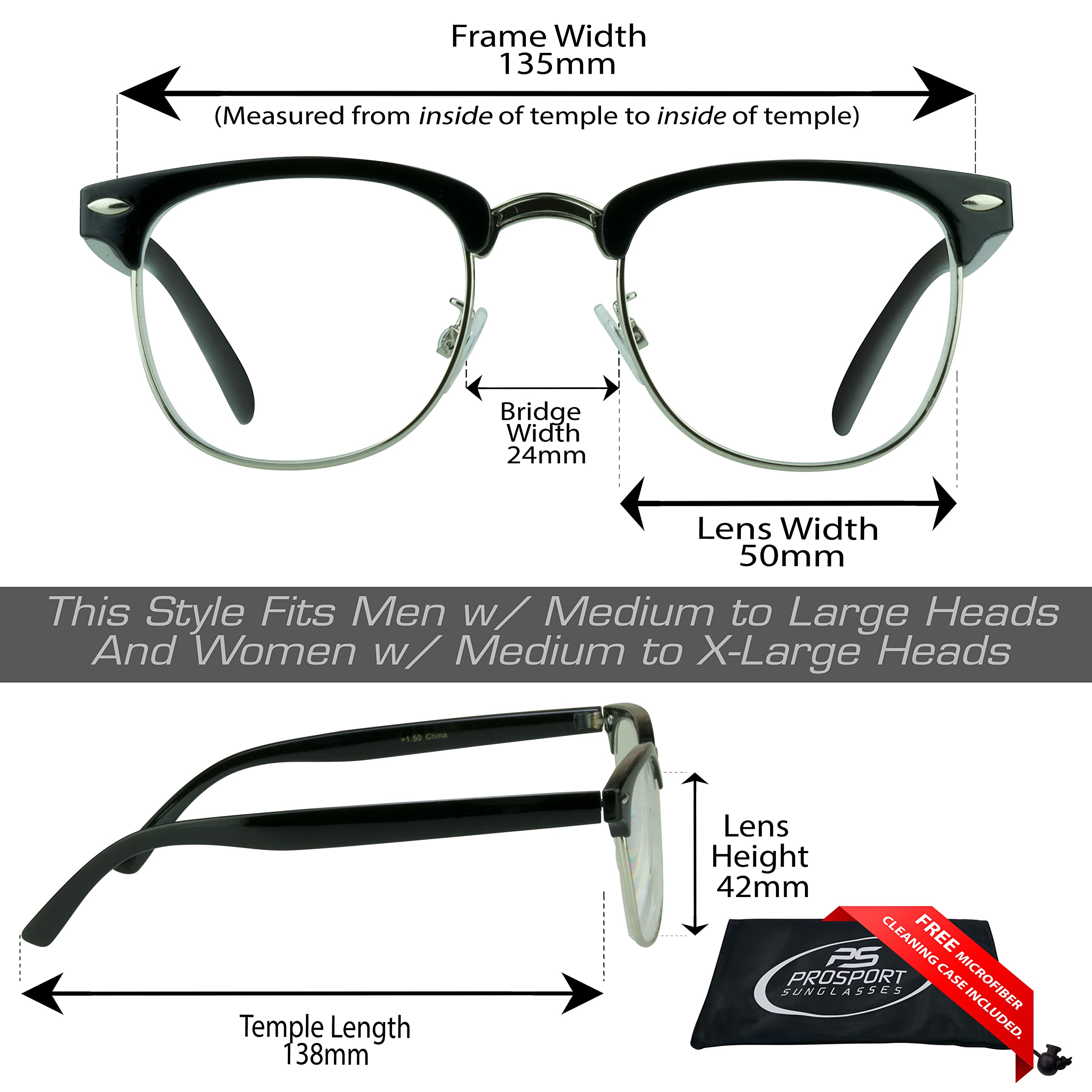 proSPORT Combo Reading Glasses +2.50 Black Silver and Tortoise Gold Frame Horn Rimmed Vintage Classic Semi Rimless Unisex