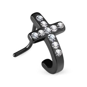 bodyjewelryonline nose ring stud l bend 1pc crystal paved cross cz gem 20g nose crawler screw (black ip)