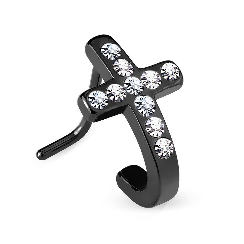 BodyJewelryOnline Nose Ring Stud L Bend 1pc Crystal Paved Cross CZ Gem 20G Nose Crawler Screw (Black IP)