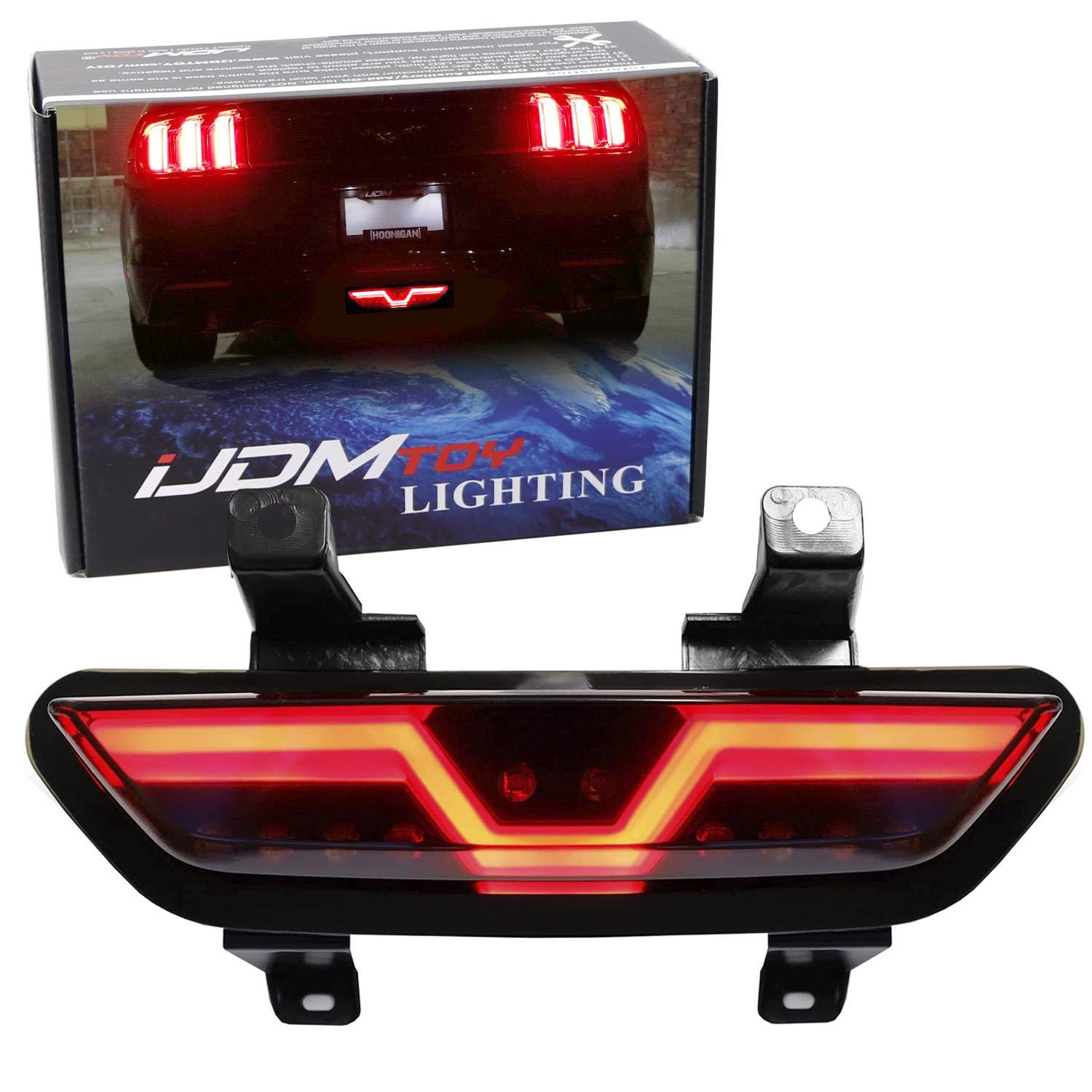 iJDMTOY Smoked Lens LED Rear Foglamp Compatible With 2015-2017 Ford Mustang, Full Red LED Tail Light Assembly Functions as Reverse Light & Rear Fog Light