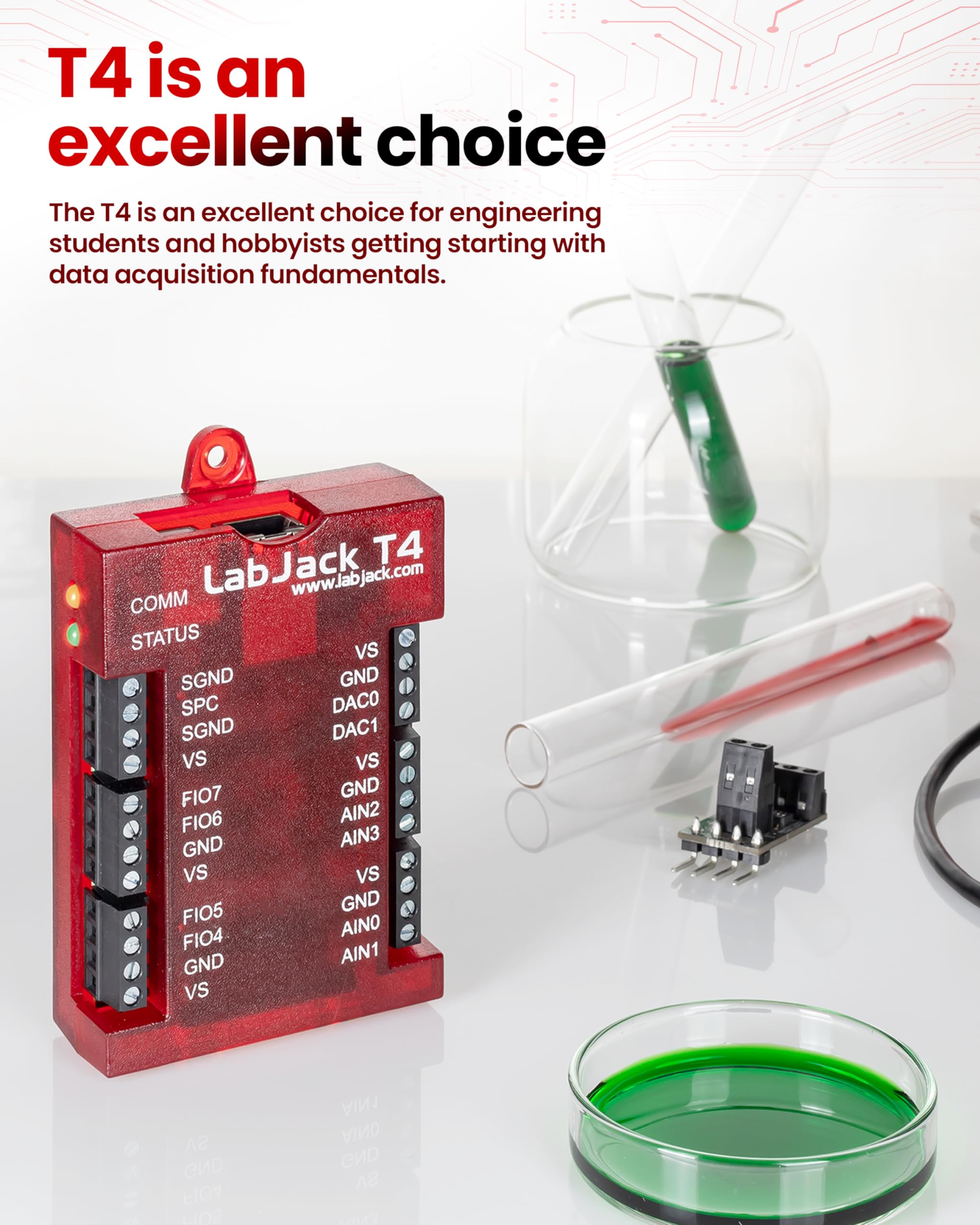 T4-USB Data Logger or Ethernet Multifunction DAQ Device with up to 12 Analog inputs or 16 Digital I/O, 2 Analog outputs (10-bit), and Multiple Digital counters/timers.