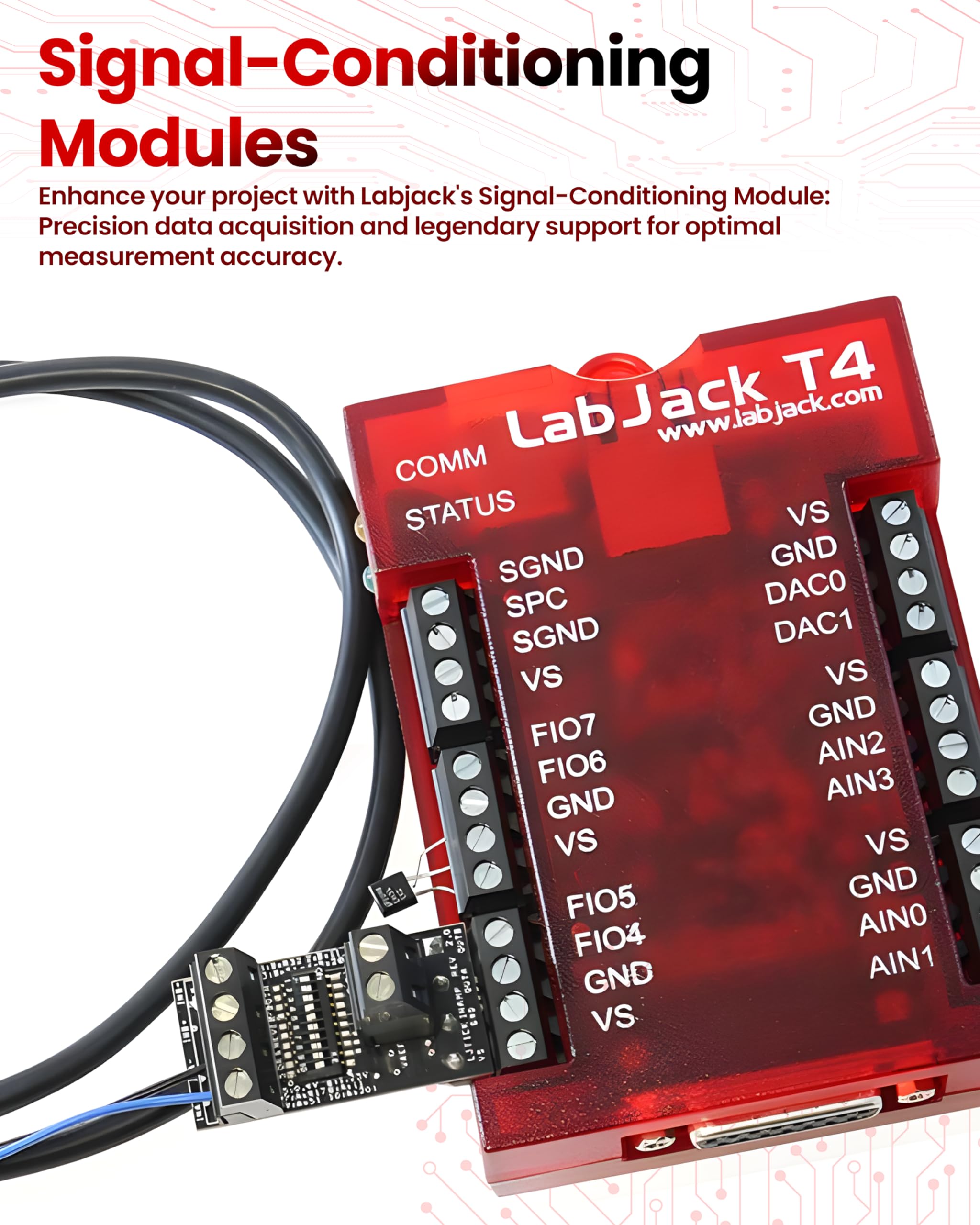 T4-USB Data Logger or Ethernet Multifunction DAQ Device with up to 12 Analog inputs or 16 Digital I/O, 2 Analog outputs (10-bit), and Multiple Digital counters/timers.