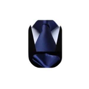 Mens Solid Navy Blue Tie Classic 3.4" width Necktie and Pocket Square Set with Gift Box by HISDERN,Navy Blue,One Size