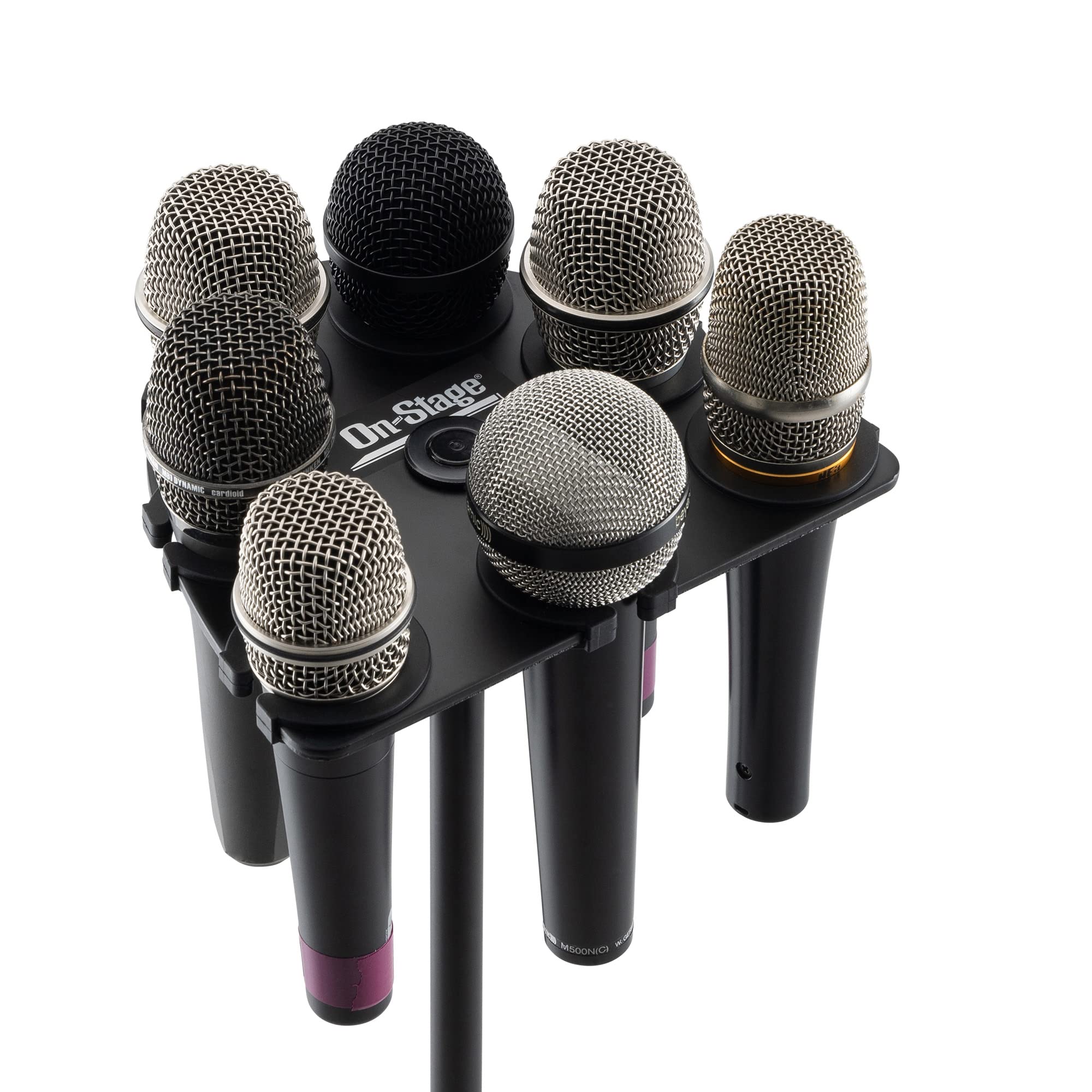 On-Stage MSA2700 Multi-Mic Holder (Microphone Organizer and Display for Handheld, Dynamic, Wired, and Wireless Mics, Silicone Padding, Mounts to 5/8"-27 or 3/8"-16 Threaded Stands, Aluminum, Black)