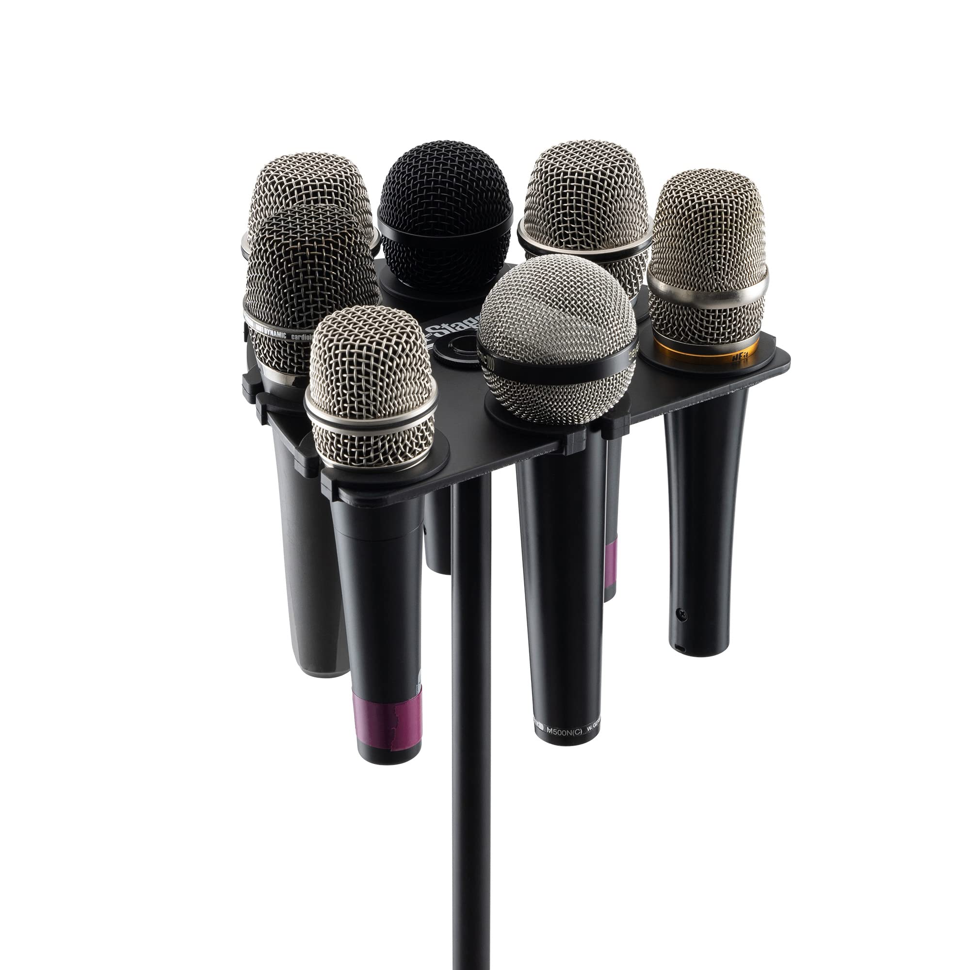 On-Stage MSA2700 Multi-Mic Holder (Microphone Organizer and Display for Handheld, Dynamic, Wired, and Wireless Mics, Silicone Padding, Mounts to 5/8"-27 or 3/8"-16 Threaded Stands, Aluminum, Black)