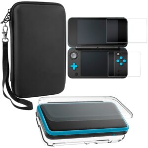 protective cases compatible new 2ds xl with screen protectors, afunta 1 crystal clear case and 1 eva carrying case for console, with 2 pcs anti-scratch tempered glass films for screens