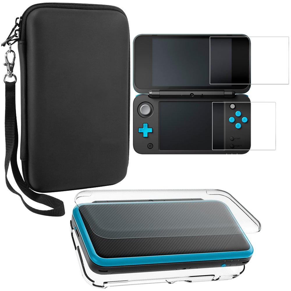 Protective Cases Compatible New 2DS XL with Screen Protectors, AFUNTA 1 Crystal Clear Case and 1 EVA Carrying Case for Console, with 2 Pcs Anti-Scratch Tempered Glass Films for Screens