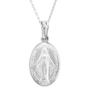 Ritastephens Italian Sterling Silver Miraculous Virgin Mary Medal Latin Prayer Charm Pendant Necklace, 19mm, 18"