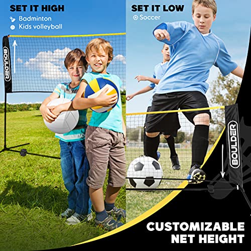 Boulder Badminton Pickleball Net - Height Adjustable Portable Net for Junior Tennis, Kids Volleyball & Soccer, and Backyard Games - Easy Setup Nylon Sports Net with Poles 10 ft/14ft/17ft Wide