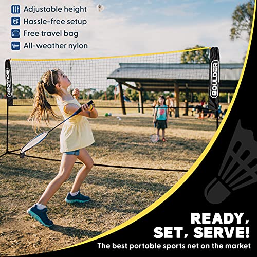 Boulder Badminton Pickleball Net - Height Adjustable Portable Net for Junior Tennis, Kids Volleyball & Soccer, and Backyard Games - Easy Setup Nylon Sports Net with Poles 10 ft/14ft/17ft Wide