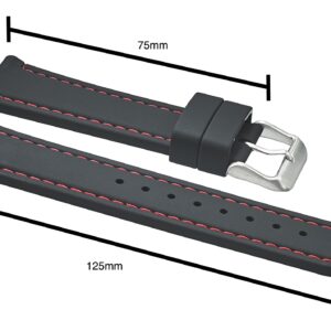 STUNNING SELECTION ALPINE Smooth and sporty silicone stitched watch band with quick release spring bars- Black with red stitching - 22mm (fits wrist sizes 6 1/4 to 8 inch)