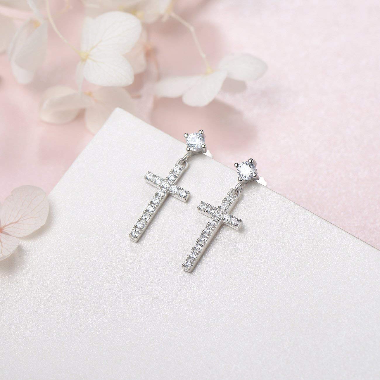 Carleen 14K White Gold Plated Sterling Silver Cubic Zirconia CZ Simulated Diamond Small Cute Cross Stud Earrings for Women Dangle Drop Earrings for Women