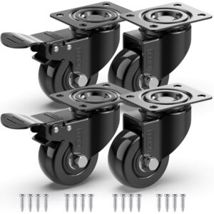 gbl 2" heavy duty caster wheels with 2 brakes + screws - up to 440lbs - set of 4 no floor marks silent castor for furniture - rubbered trolley wheels - black casters