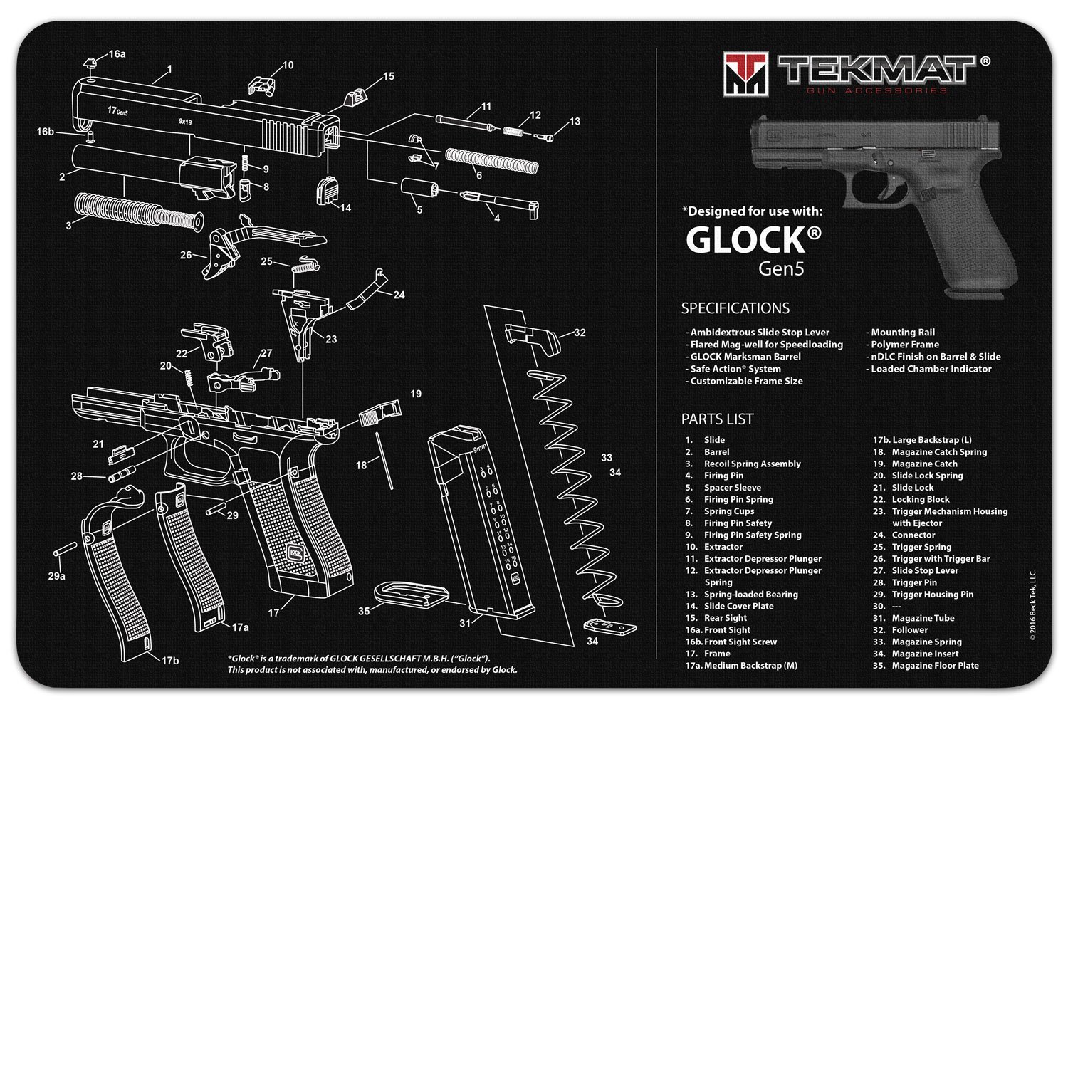 TekMat 17-Glock-G5 Glock Gen5 Handgun Mat, Black (TEK-17-GLOCK-G5)