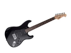 monoprice cali classic electric guitar - black, 6 strings, double-cutaway solid body, right handed, sss pickups, full-range tone, with gig bag, perfect for beginners - indio series