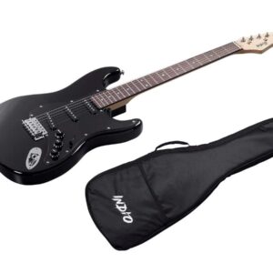 Monoprice Cali Classic Electric Guitar - Black, 6 Strings, Double-Cutaway Solid Body, Right Handed, SSS Pickups, Full-Range Tone, With Gig Bag, Perfect for Beginners - Indio Series