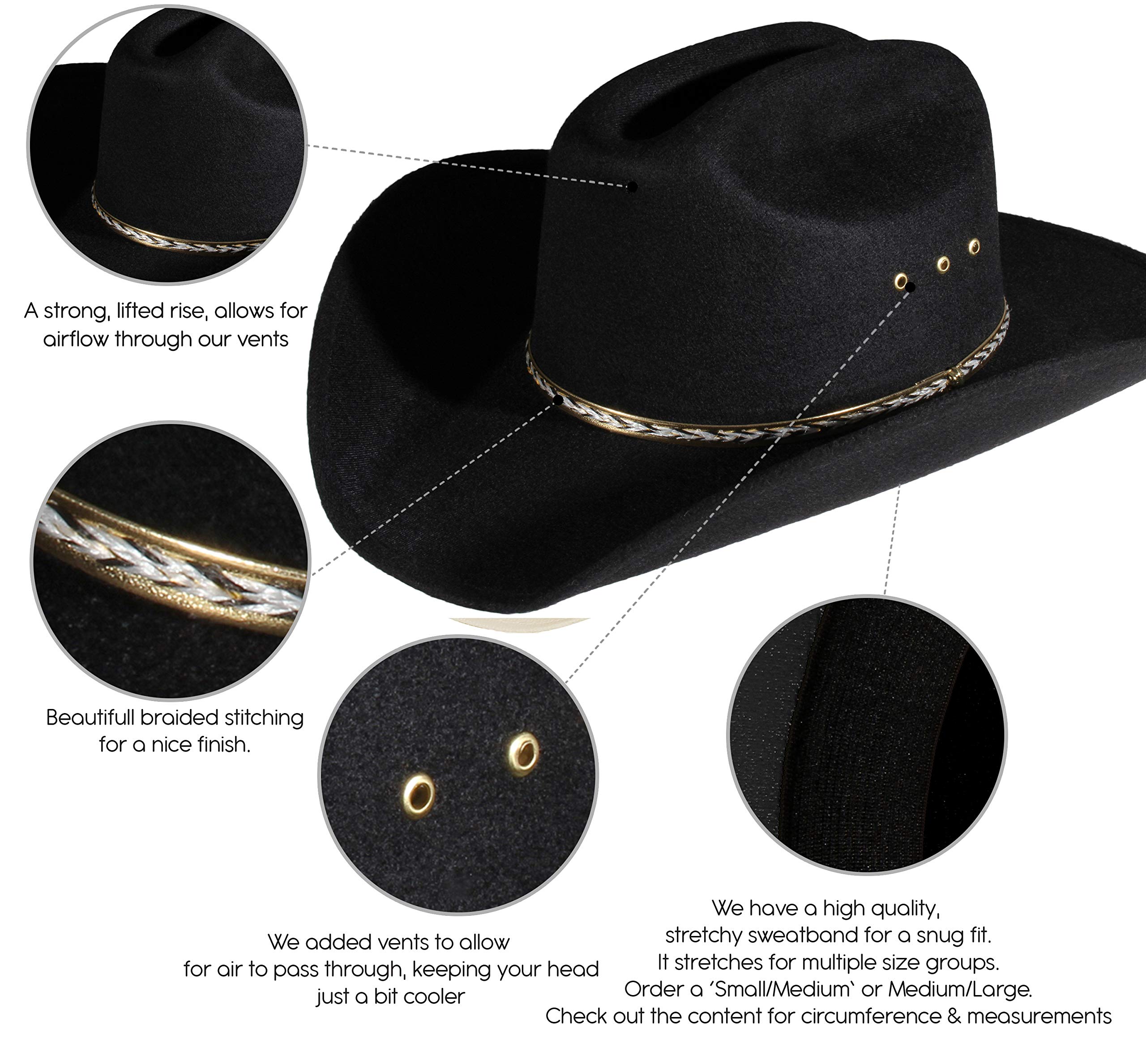 Enimay Western Cowboy & Cowgirl Hat Pinch Front Wide Brim Style (Small | Medium, Faux Felt Black)