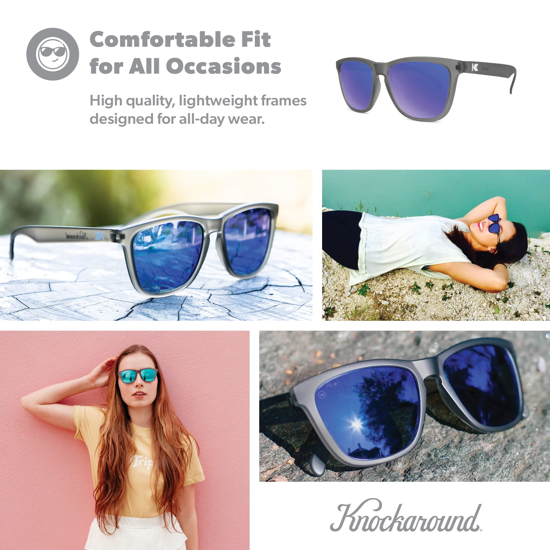 Knockaround Classics Polarized Sunglasses for Men & Women - Impact Resistant Lenses & Full UV400 Protection, Translucent Grey Frames/Blue Reflective Lenses