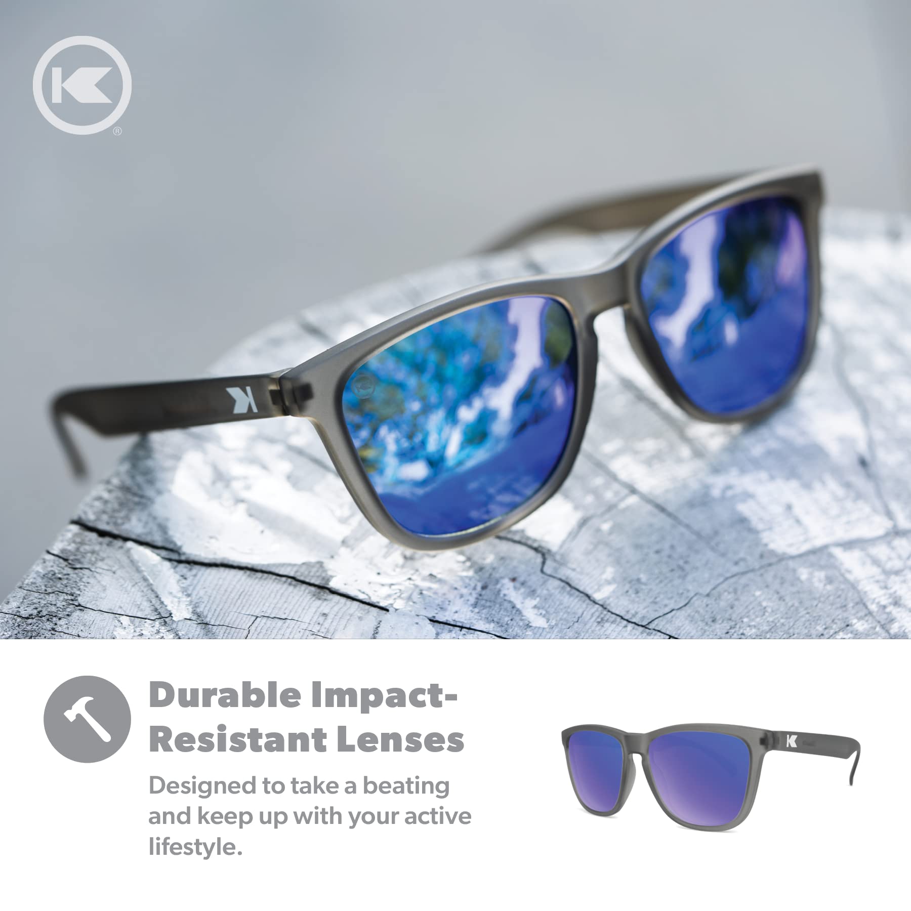 Knockaround Classics Polarized Sunglasses for Men & Women - Impact Resistant Lenses & Full UV400 Protection, Translucent Grey Frames/Blue Reflective Lenses