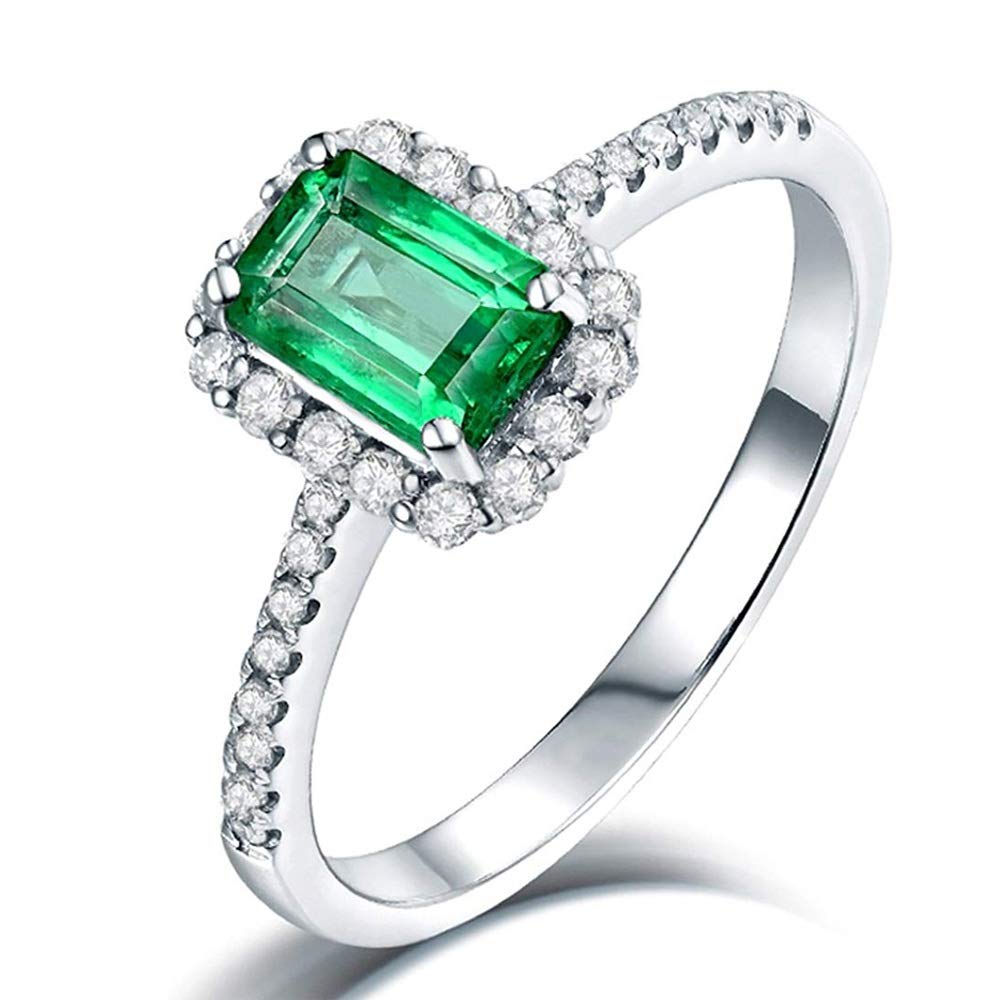 Lanmi 14K White Gold Natural Green Emerald Engagement Solitaire Rings Diamonds Wedding Band for Women Promotion