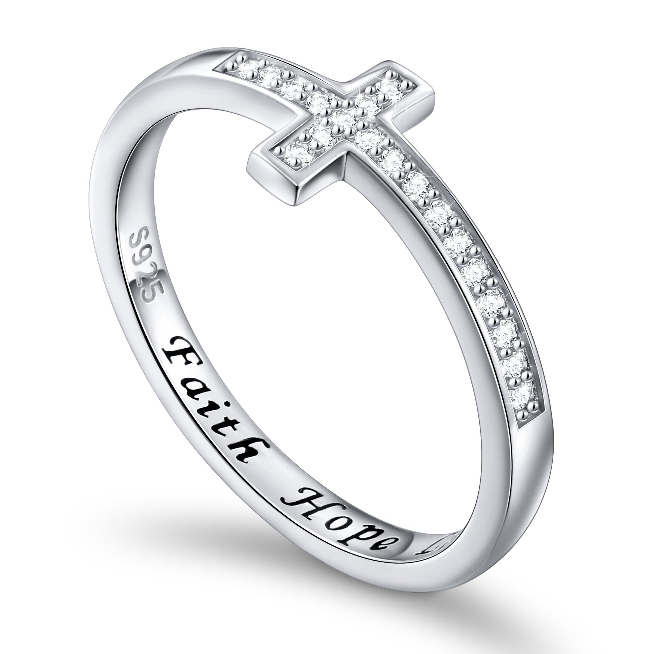 DAOCHONG Inspirational Jewelry Sterling Silver Engraved Faith Hope Love CZ Sideway Cross Ring, Size 8