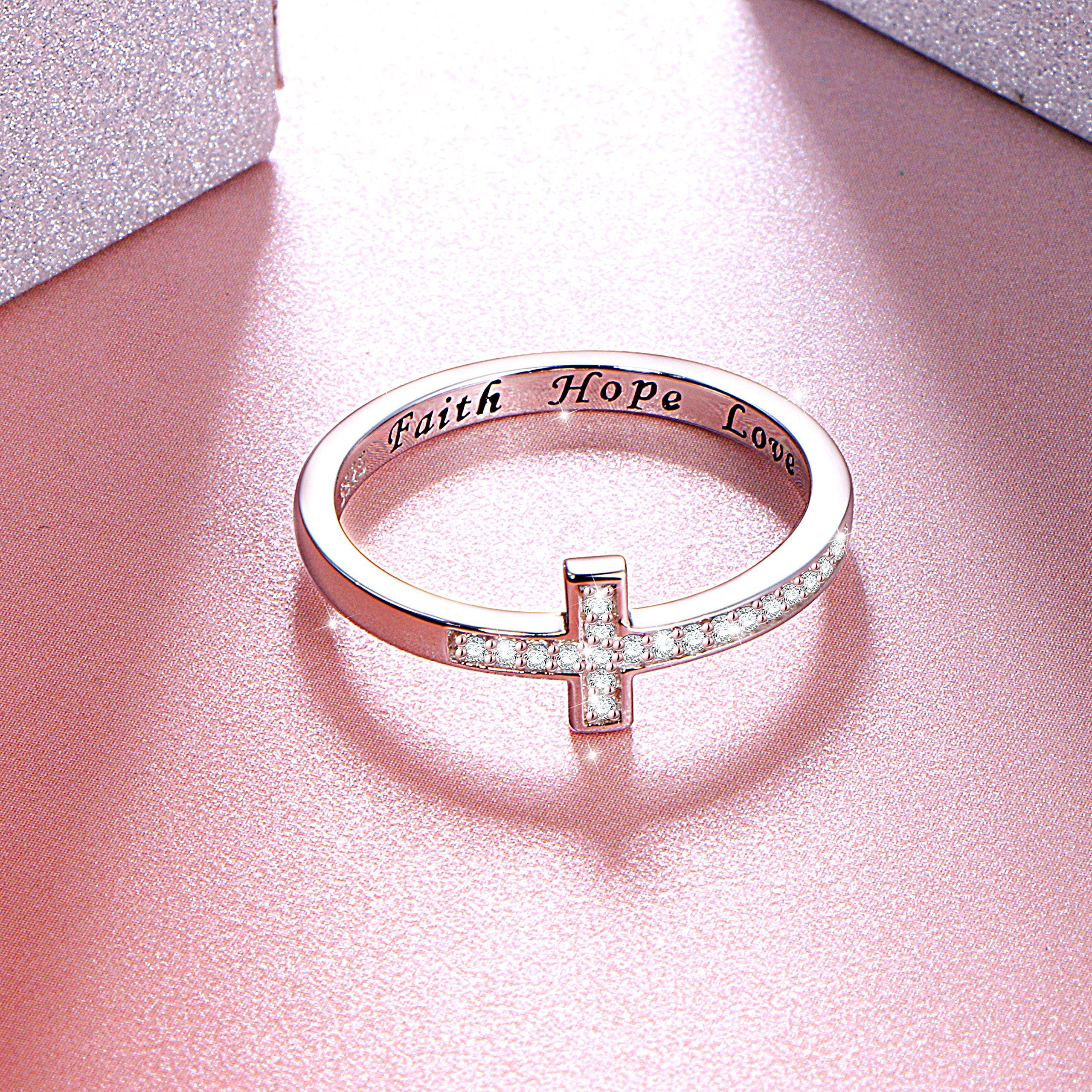 DAOCHONG Inspirational Jewelry Sterling Silver Engraved Faith Hope Love CZ Sideway Cross Ring, Size 8