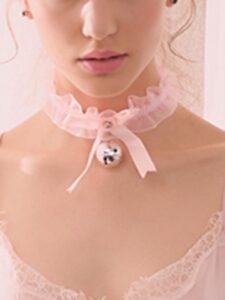 fxmimior lace choker see-through bell pendant necklace sexy women accessories (pink)