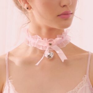 FXmimior Lace Choker See-through Bell Pendant Necklace Sexy Women Accessories (pink)