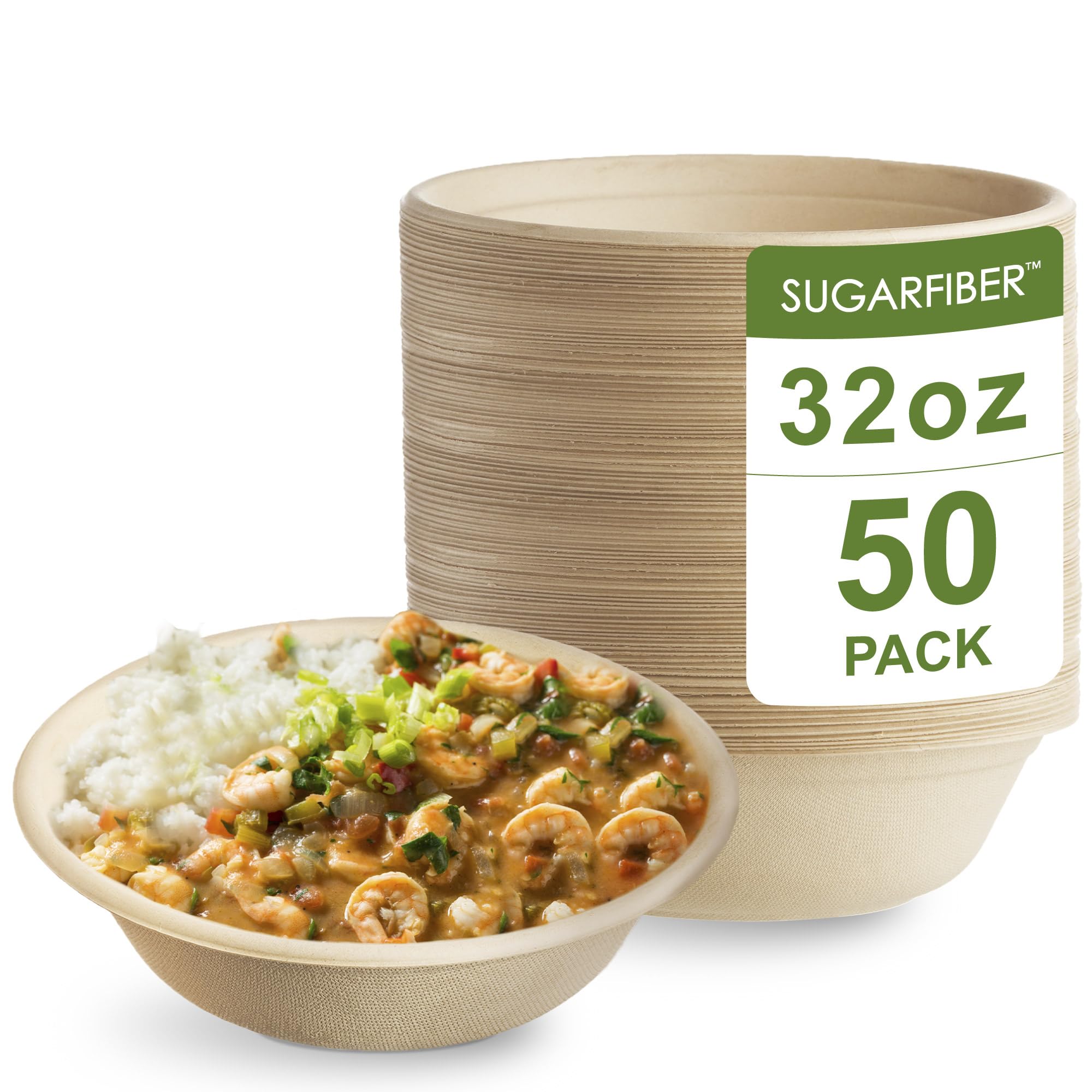 [50 Count]Sugarfiber by Harvest Pack 32oz Round Paper Bowls - Compostable Heavy-Duty Eco-Friendly Disposable Bagasse Bowls Sugarcane Natural plant fibers for Meal Prep Takeout Dinnerware