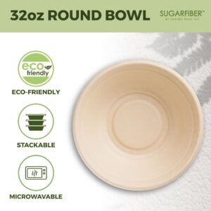 [50 Count]Sugarfiber by Harvest Pack 32oz Round Paper Bowls - Compostable Heavy-Duty Eco-Friendly Disposable Bagasse Bowls Sugarcane Natural plant fibers for Meal Prep Takeout Dinnerware