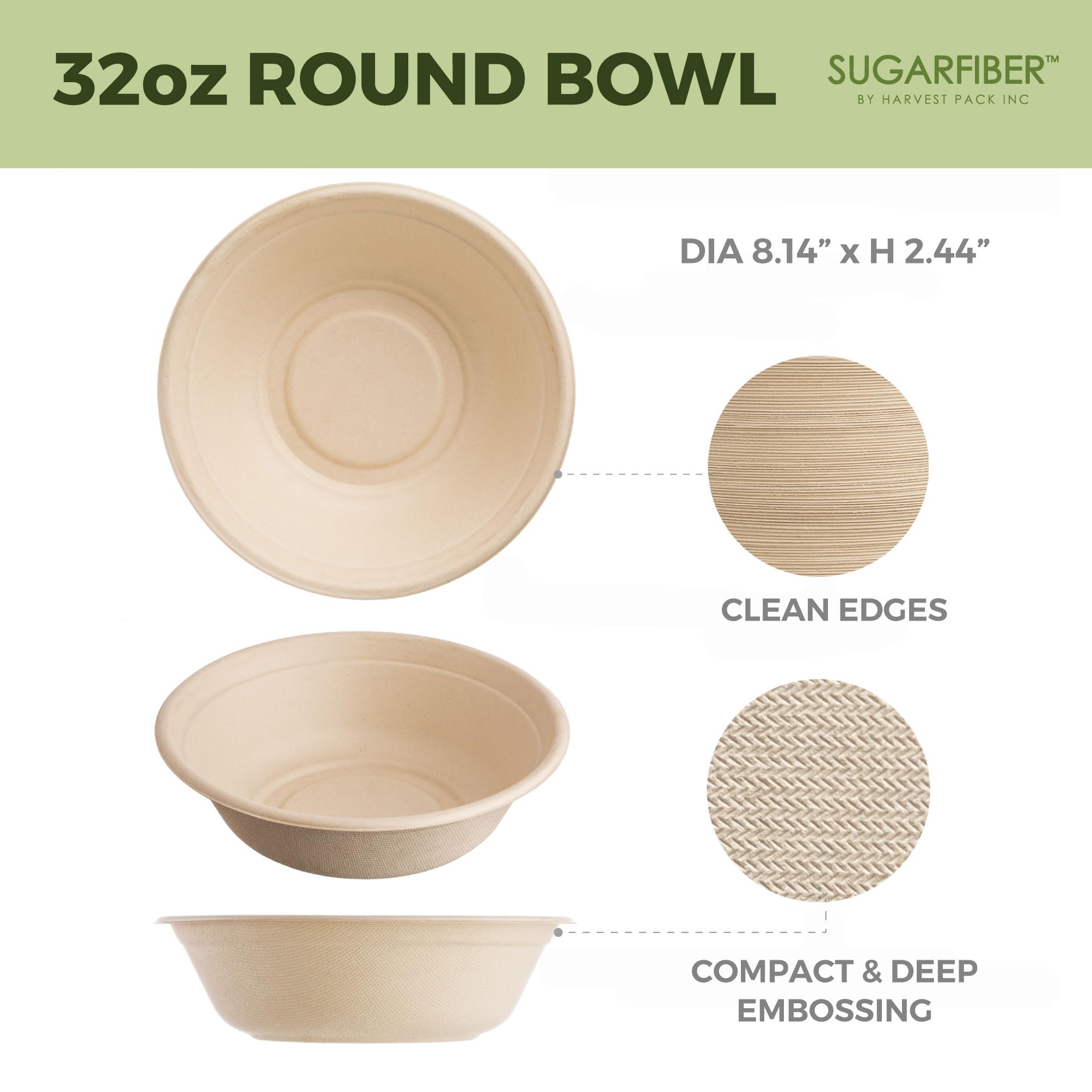 [50 Count]Sugarfiber by Harvest Pack 32oz Round Paper Bowls - Compostable Heavy-Duty Eco-Friendly Disposable Bagasse Bowls Sugarcane Natural plant fibers for Meal Prep Takeout Dinnerware