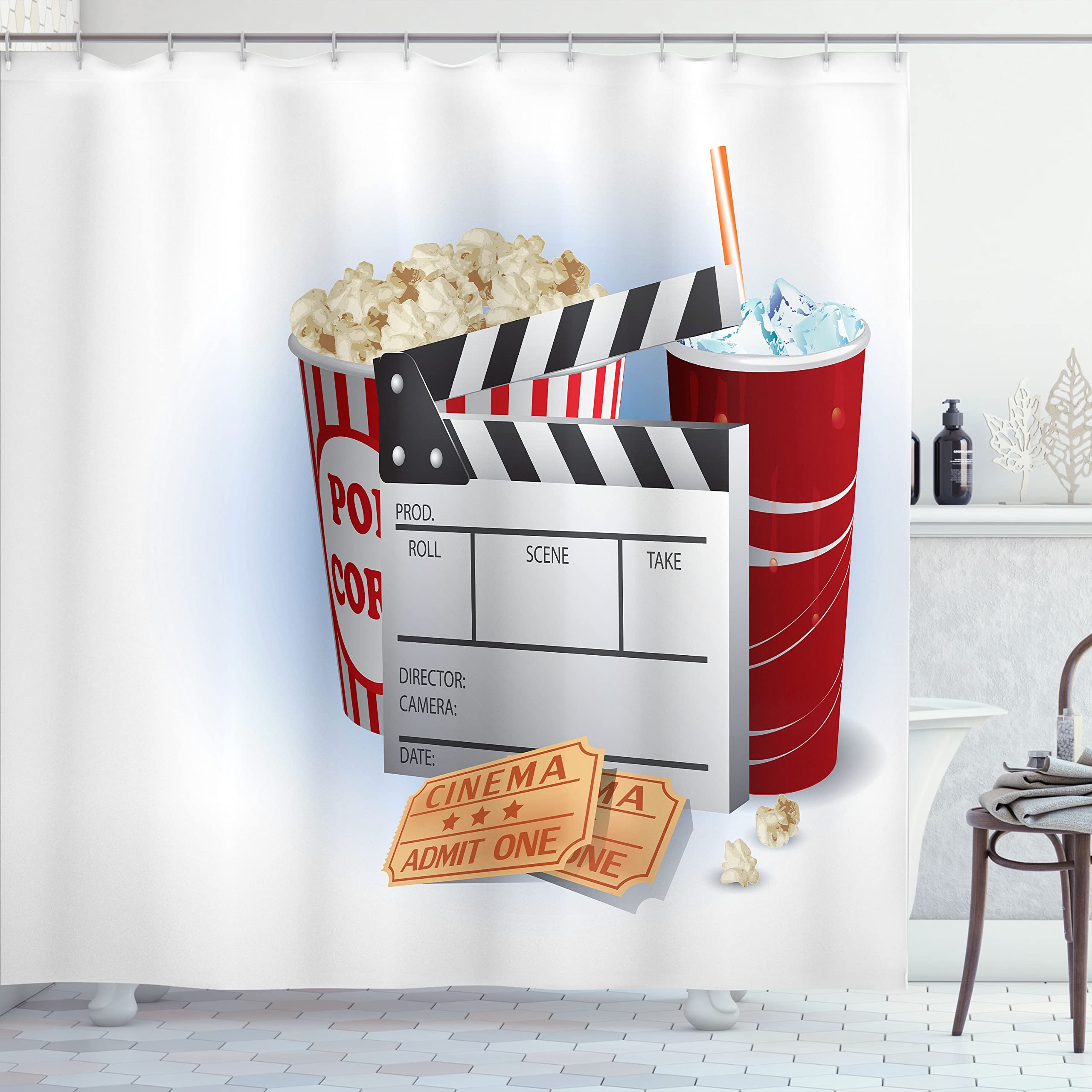 Ambesonne Movie Theater Shower Curtain, Soda Tickets Fresh Popcorn and Clapper Board Blockbuster Premiere Cinema, Cloth Fabric Bathroom Decor Set with Hooks, 69" W x 70" L, Pale Blue Ruby