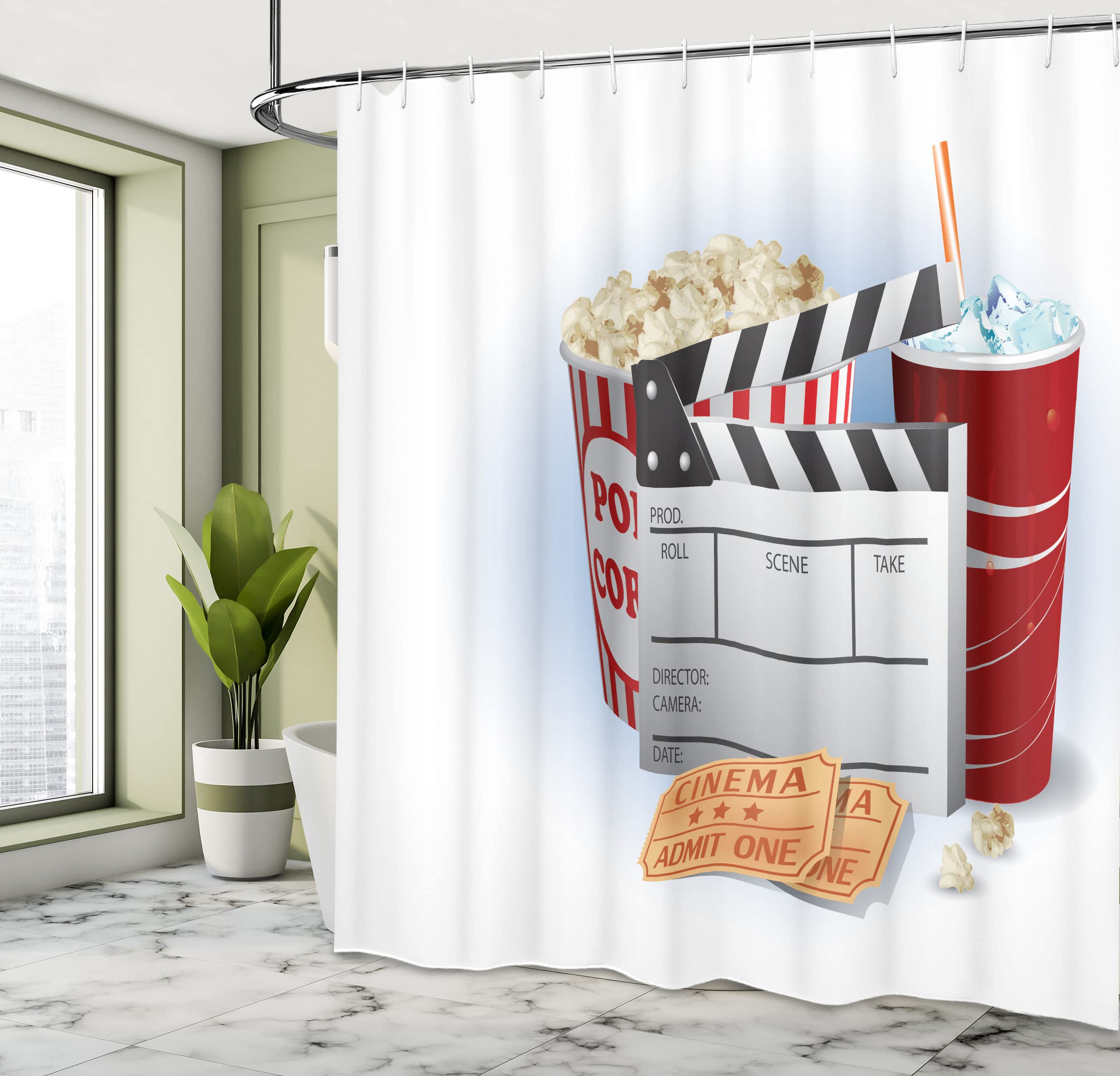 Ambesonne Movie Theater Shower Curtain, Soda Tickets Fresh Popcorn and Clapper Board Blockbuster Premiere Cinema, Cloth Fabric Bathroom Decor Set with Hooks, 69" W x 70" L, Pale Blue Ruby