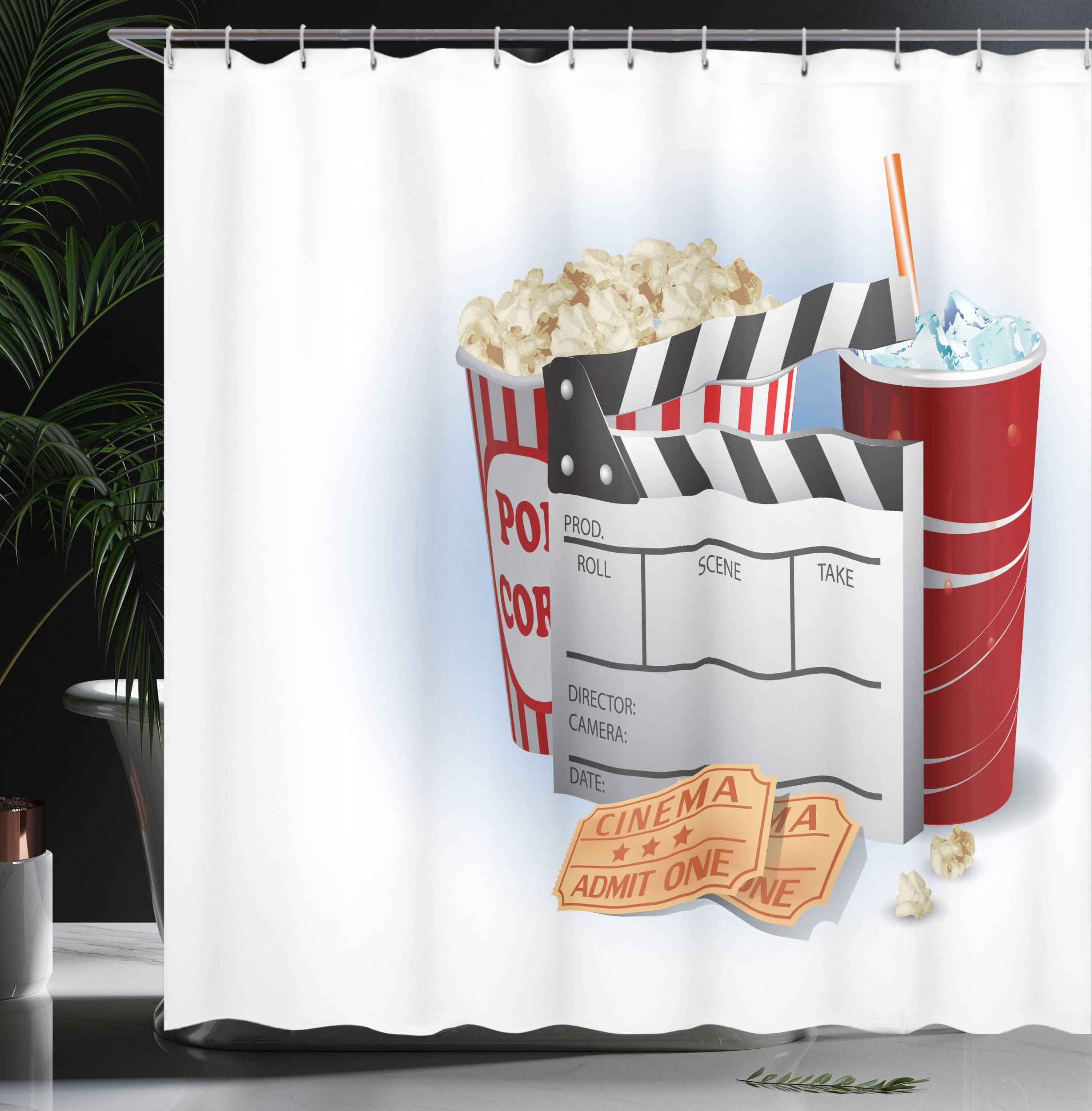 Ambesonne Movie Theater Shower Curtain, Soda Tickets Fresh Popcorn and Clapper Board Blockbuster Premiere Cinema, Cloth Fabric Bathroom Decor Set with Hooks, 69" W x 70" L, Pale Blue Ruby