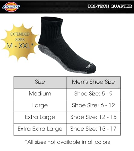 Dickies Men's Big & Tall Dri-Tech Moisture Control Quarter Socks (6, 12, 18, Black (6 Pairs), X-Large