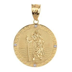 Solid 10k Gold Saint Christopher Diamond Round Medal Catholic Protection Pendant (1")